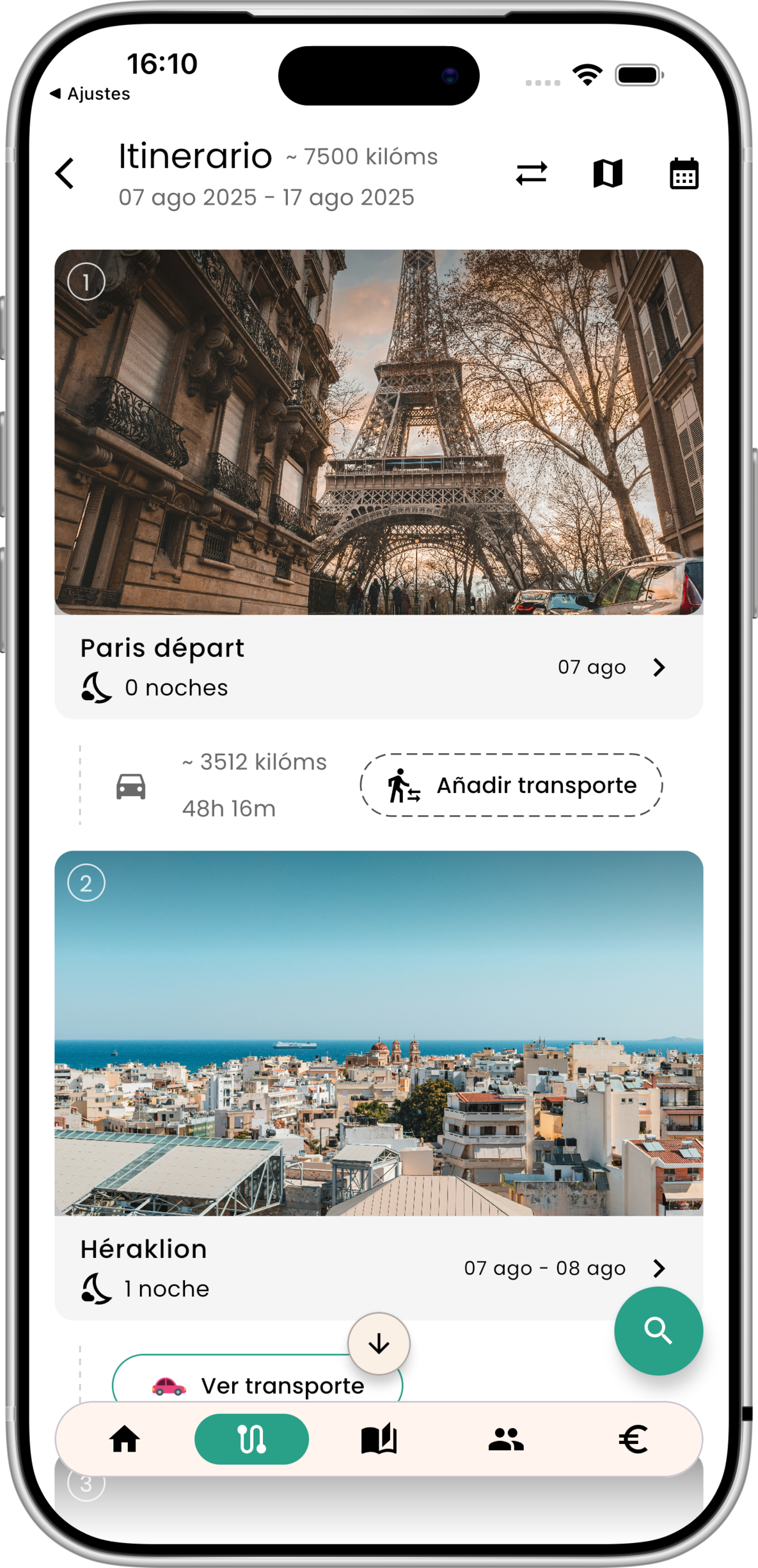 Vista previa de la interfaz del itinerario de Palmier